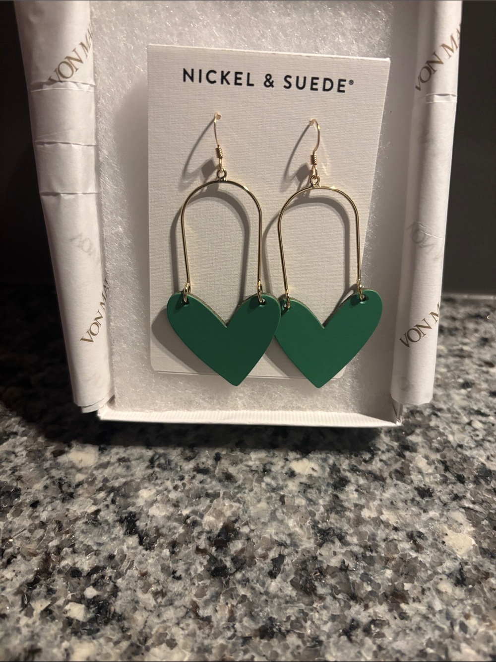 Nickel & Suede Green Heart Drop Earrings Genuine Leather